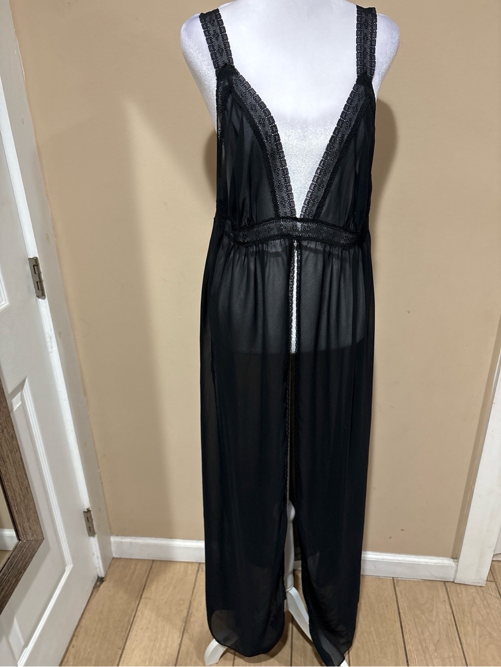 Vintage Petra Fashions Black Sheer Lace-Trim Long Chemise